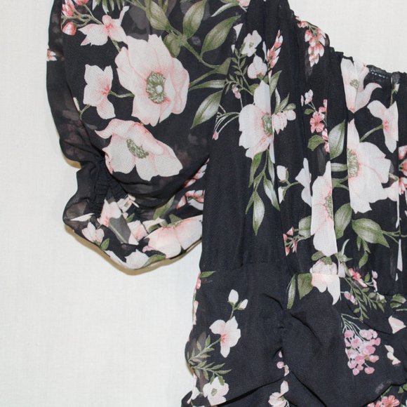 Blashe Black Runched Floral Print Mini Party Dress Size L - Picture 6 of 7